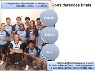 O projeto contribui positivamente na formação e
            integração social dos jovens alunos.     Considerações finais


                                           Familiar




                                            Escolar




                                              Social


                                                            Além de profissionais capazes, o Jovem
                                                   Profissional Feevale forma cidadãos que passam
                                                     a atuar como agentes de transformação social.
 