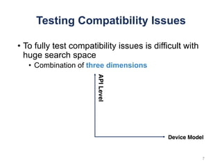Testing Compatibility Issues
• To fully test compatibility issues is difficult with
huge search space
• Combination of three dimensions
7
APILevel
Device Model
 