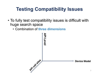 Testing Compatibility Issues
• To fully test compatibility issues is difficult with
huge search space
• Combination of three dimensions
7
APILevel
Device Model
 
