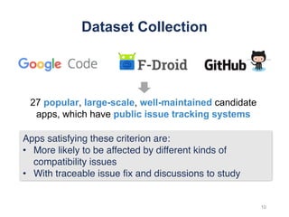 Dataset Collection
27 popular, large-scale, well-maintained candidate
apps, which have public issue tracking systems
10
Apps satisfying these criterion are:
• More likely to be affected by different kinds of
compatibility issues
• With traceable issue fix and discussions to study
 