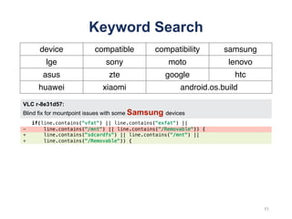 VLC r-8e31d57:
Blind fix for mountpoint issues with some Samsung devices
if(line.contains("vfat") || line.contains("exfat") ||
- line.contains("/mnt") || line.contains("/Removable")) {
+ line.contains("sdcardfs") || line.contains("/mnt") ||
+ line.contains("/Removable")) {
Keyword Search
device compatible compatibility samsung
lge sony moto lenovo
asus zte google htc
huawei xiaomi android.os.build
11
 