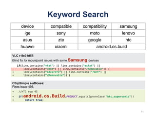 VLC r-8e31d57:
Blind fix for mountpoint issues with some Samsung devices
if(line.contains("vfat") || line.contains("exfat") ||
- line.contains("/mnt") || line.contains("/Removable")) {
+ line.contains("sdcardfs") || line.contains("/mnt") ||
+ line.contains("/Removable")) {
Keyword Search
device compatible compatibility samsung
lge sony moto lenovo
asus zte google htc
huawei xiaomi android.os.build
11
CSipSimple r-af0ceea:
Fixes issue 498.
+ //HTC evo 4G
+ if(android.os.Build.PRODUCT.equalsIgnoreCase("htc_supersonic"))
+ return true;
 