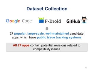 Dataset Collection
12
27 popular, large-scale, well-maintained candidate
apps, which have public issue tracking systems
All 27 apps contain potential revisions related to
compatibility issues
 