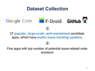 Dataset Collection
Five apps with top number of potential issue-related code
revisions
12
27 popular, large-scale, well-maintained candidate
apps, which have public issue tracking systems
 
