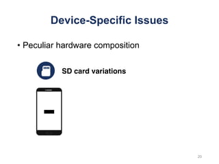 Device-Specific Issues
• Peculiar hardware composition
SD card variations
20
 