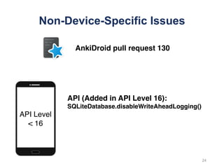 Non-Device-Specific Issues
AnkiDroid pull request 130
24
API (Added in API Level 16):
SQLiteDatabase.disableWriteAheadLogging()
API Level
< 16
 