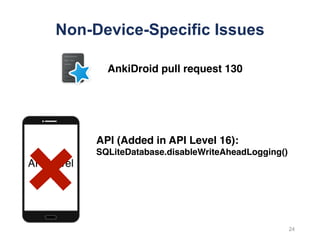 Non-Device-Specific Issues
AnkiDroid pull request 130
24
API (Added in API Level 16):
SQLiteDatabase.disableWriteAheadLogging()
API Level
< 16
 