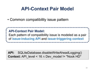 API-Context Pair Model
• Common compatibility issue pattern
API-Context Pair Model:
Each pattern of compatibility issue is modeled as a pair
of issue-inducing API and issue-triggering context
32
API: SQLiteDatabase.disableWriteAheadLogging()
Context: API_level < 16 ∧ Dev_model != "Nook HD"
 
