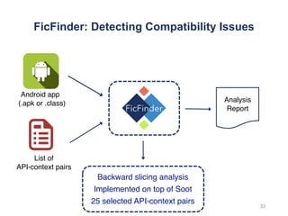 FicFinder: Detecting Compatibility Issues
Android app
(.apk or .class)
List of
API-context pairs
Backward slicing analysis
Implemented on top of Soot
25 selected API-context pairs
33
Analysis
Report
 