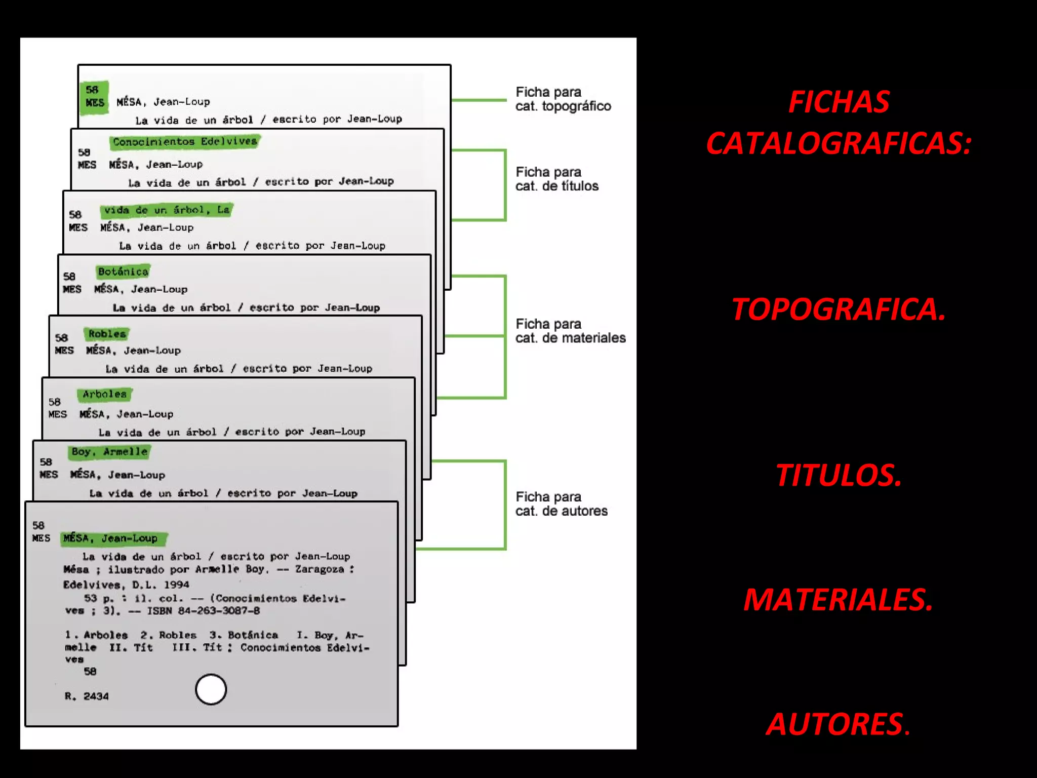 FICHAS
CATALOGRAFICAS:
TOPOGRAFICA.
TITULOS.
MATERIALES.
AUTORES.
