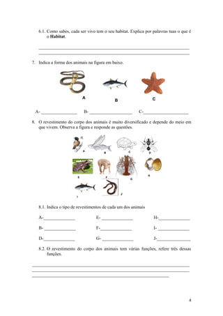 6.1. Como sabes, cada ser vivo tem o seu habitat. Explica por palavras tuas o que é
        o Habitat.

   ___________________________________________________________________
   ___________________________________________________________________

7. Indica a forma dos animais na figura em baixo.




                                A                                   C
                                              B

 A- ________________            B- ___________________    C-____________________

8. O revestimento do corpo dos animais é muito diversificado e depende do meio em
   que vivem. Observa a figura e responde as questões.




                                A                     C
                                         B                      D




                                                                H
                            E            F
                                                      G




                                                  J
                        I



   8.1. Indica o tipo de revestimentos de cada um dos animais

   A-______________                  E- ______________              H-______________

   B- ______________                 F-______________               I- ______________

   D-______________                  G- ______________              J-_______________

   8.2. O revestimento do corpo dos animais tem várias funções, refere três dessas
        funções.

______________________________________________________________________
______________________________________________________________________
_____________________________________________________________




                                                                                     4
 