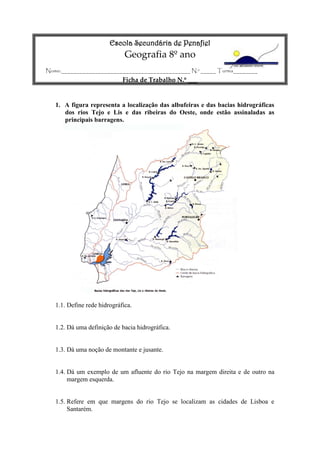 Escola Secundária de Penafiel
Geografia 8º ano
Nome:__________________________________________ N.º _____ Turma________
Ficha de Trabalho N.º ___
1. A figura representa a localização das albufeiras e das bacias hidrográficas
dos rios Tejo e Lis e das ribeiras do Oeste, onde estão assinaladas as
principais barragens.
1.1. Define rede hidrográfica.
1.2. Dá uma definição de bacia hidrográfica.
1.3. Dá uma noção de montante e jusante.
1.4. Dá um exemplo de um afluente do rio Tejo na margem direita e de outro na
margem esquerda.
1.5. Refere em que margens do rio Tejo se localizam as cidades de Lisboa e
Santarém.
 