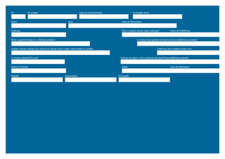 ID             N° projeto                                         Data do Preenchimento               Pontuação Geral
 þÿ                þÿ                                              þÿ                                   þÿ

Nome                                                  Sexo                                  Data de Nascimento
 þÿ                                                       þÿ                                    þÿ

Endereço                                                                                    Mora a quanto tempo nesse endereço?               Ponto de Referência
 þÿ                                                                                             þÿ                                             þÿ

Mora a quando tempo no endereço anterior?                                                                    A criança leva quantos minutos à pé da residência ao projeto?
 þÿ                                                                                                           þÿ

Existem outras crianças que moram na mesma casa e estão matriculadas no projeto?                                                 Telefones para contato/recado com:
 þÿ                                                                                                                               þÿ

A criança trabalha?Em que?                                                                 Participa de algum outro programa de apadrinhamento?
                                                                                                                                            A criança estuda?
 þÿ                                                                                          þÿ                                                  þÿ

Nome do familiar                                                                            Idade                                             Grau de parentesco
 þÿ                                                                                             þÿ                                             þÿ

Religião                                           Escolaridade                           Pontuação
 þÿ                                                  þÿ                                    þÿ
 