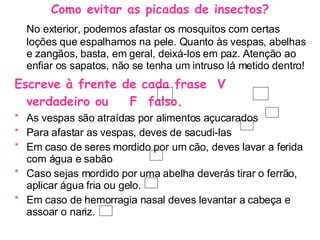 Como evitar as picadas de insectos? No exterior, podemos afastar os mosquitos com certas loções que espalhamos na pele. Quanto às vespas, abelhas e zangãos, basta, em geral, deixá-los em paz. Atenção ao enfiar os sapatos, não se tenha um intruso lá metido dentro!  Escreve à frente de cada frase  V  verdadeiro ou  F  falso. As vespas são atraídas por alimentos açucarados Para afastar as vespas, deves de sacudi-las Em caso de seres mordido por um cão, deves lavar a ferida com água e sabão  Caso sejas mordido por uma abelha deverás tirar o ferrão, aplicar água fria ou gelo. Em caso de hemorragia nasal deves levantar a cabeça e assoar o nariz. 