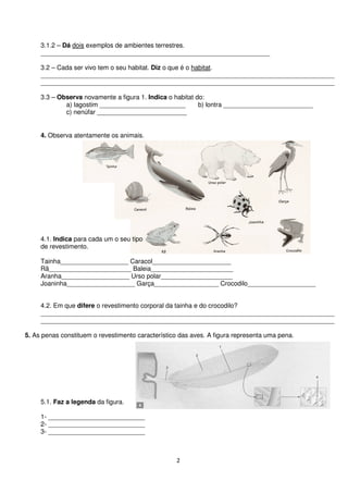 2
3.1.2 – Dá dois exemplos de ambientes terrestres.
________________________________________________________________
3.2 – Cada ser vivo tem o seu habitat. Diz o que é o habitat.
__________________________________________________________________________________
__________________________________________________________________________________
3.3 – Observa novamente a figura 1. Indica o habitat do:
a) lagostim ________________________ b) lontra _________________________
c) nenúfar _________________________
4. Observa atentamente os animais.
4.1. Indica para cada um o seu tipo
de revestimento.
Tainha___________________ Caracol______________________
Rã_______________________ Baleia_______________________
Aranha___________________ Urso polar____________________
Joaninha___________________ Garça__________________ Crocodilo___________________
4.2. Em que difere o revestimento corporal da tainha e do crocodilo?
__________________________________________________________________________________
__________________________________________________________________________________
5. As penas constituem o revestimento característico das aves. A figura representa uma pena.
5.1. Faz a legenda da figura.
1- ___________________________
2- ___________________________
3- ___________________________
 