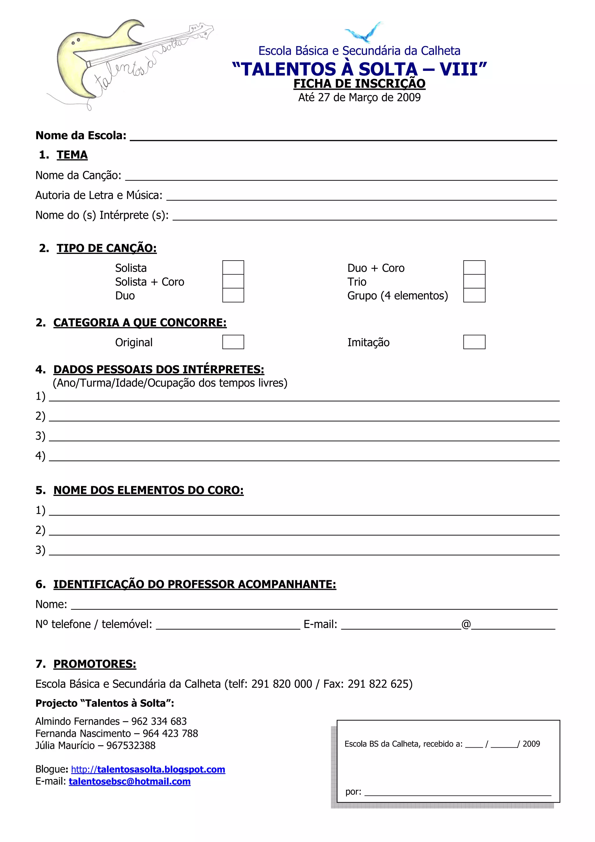 Ficha de Inscrição - Talentos à Solta 2008-09