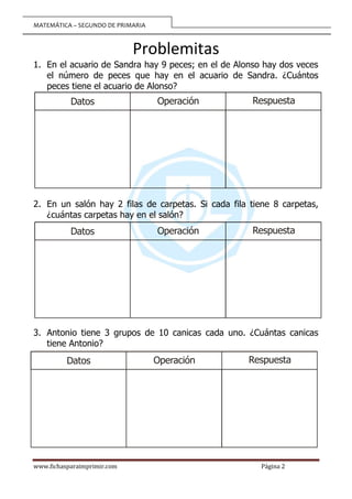 MATEMÁTICA – SEGUNDO DE PRIMARIA
www.fichasparaimprimir.com Página 2
Problemitas
1. En el acuario de Sandra hay 9 peces; en el de Alonso hay dos veces
el número de peces que hay en el acuario de Sandra. ¿Cuántos
peces tiene el acuario de Alonso?
2. En un salón hay 2 filas de carpetas. Si cada fila tiene 8 carpetas,
¿cuántas carpetas hay en el salón?
3. Antonio tiene 3 grupos de 10 canicas cada uno. ¿Cuántas canicas
tiene Antonio?
Operación
Datos Respuesta
Operación
Datos Respuesta
Operación
Datos Respuesta