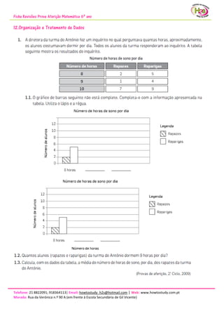 Ficha Revisões Prova Aferição Matemática 6º ano
Telefone: 21 8822091; 918364113| Email: howtostudy_h2s@hotmail.com | Web: www.howtostudy.com.pt
Morada: Rua da Verónica n.º 90 A (em frente à Escola Secundária de Gil Vicente)
12.Organização e Tratamento de Dados
 