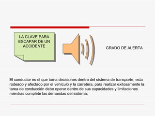 LA CLAVE PARA ESCAPAR DE UN ACCIDENTE GRADO DE ALERTA El conductor es el que toma decisiones dentro del sistema de transporte, esta rodeado y afectado por el vehículo y la carretera, para realizar exitosamente la tarea de conducción debe operar dentro de sus capacidades y limitaciones mientras complete las demandas del sistema. 