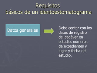 Requisitos  básicos de un identoestomatograma Datos generales   Debe contar con los datos de registro del cadáver en estudio, números de expedientes y lugar y fecha del estudio. 