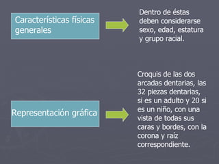 Características físicas generales   Dentro de éstas deben considerarse sexo, edad, estatura y grupo racial.   Representación gráfica   Croquis de las dos arcadas dentarias, las 32 piezas dentarias, si es un adulto y 20 si es un niño, con una vista de todas sus caras y bordes, con la corona y raíz correspondiente.   