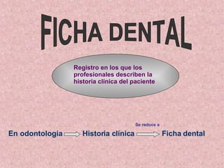 FICHA DENTAL Registro en los que los profesionales describen la historia clínica del paciente   En odontología Historia clínica Ficha dental Se reduce a   