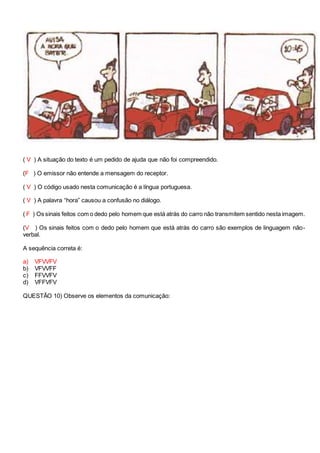 ( V ) A situação do texto é um pedido de ajuda que não foi compreendido.
(F ) O emissor não entende a mensagem do receptor.
( V ) O código usado nesta comunicação é a língua portuguesa.
( V ) A palavra “hora” causou a confusão no diálogo.
( F ) Os sinais feitos com o dedo pelo homem que está atrás do carro não transmitem sentido nesta imagem.
(V ) Os sinais feitos com o dedo pelo homem que está atrás do carro são exemplos de linguagem não-
verbal.
A sequência correta é:
a) VFVVFV
b) VFVVFF
c) FFVVFV
d) VFFVFV
QUESTÃO 10) Observe os elementos da comunicação:
 