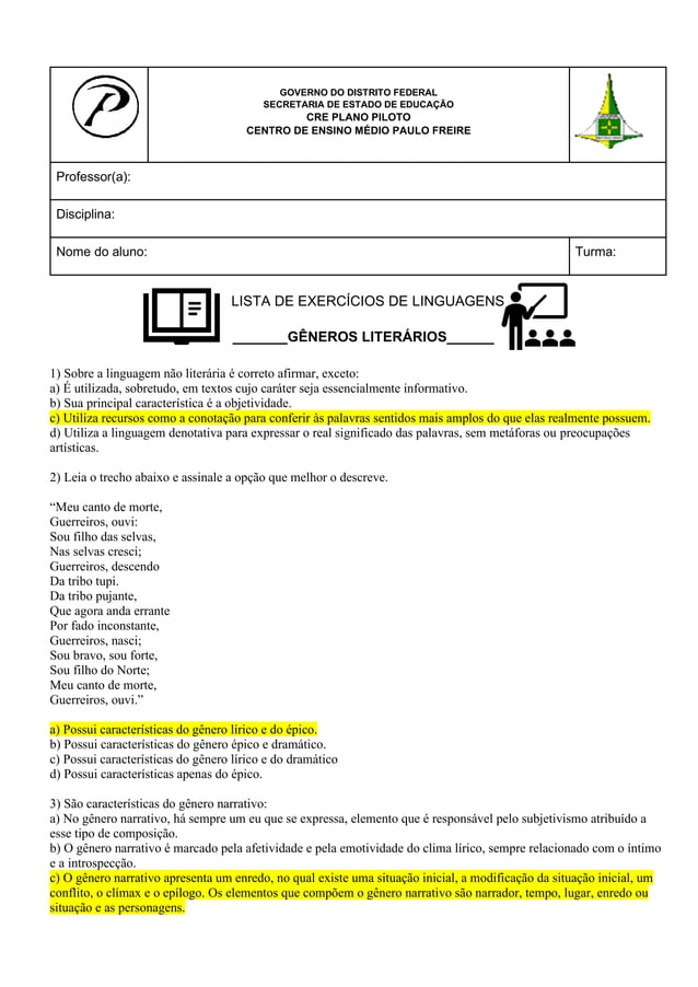 FICHA - GÊNEROS LITERÁRIOS - EXERCÍCIOS - Gabarito.pdf
