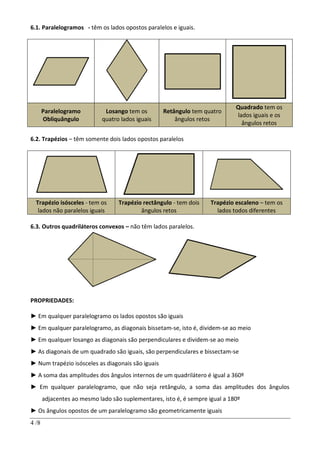 4 /8
6.1. Paralelogramos - têm os lados opostos paralelos e iguais.
Paralelogramo
Obliquângulo
Losango tem os
quatro lados iguais
Retângulo tem quatro
ângulos retos
Quadrado tem os
lados iguais e os
ângulos retos
6.2. Trapézios – têm somente dois lados opostos paralelos
Trapézio isósceles - tem os
lados não paralelos iguais
Trapézio rectângulo - tem dois
ângulos retos
Trapézio escaleno – tem os
lados todos diferentes
6.3. Outros quadriláteros convexos – não têm lados paralelos.
PROPRIEDADES:
► Em qualquer paralelogramo os lados opostos são iguais
► Em qualquer paralelogramo, as diagonais bissetam-se, isto é, dividem-se ao meio
► Em qualquer losango as diagonais são perpendiculares e dividem-se ao meio
► As diagonais de um quadrado são iguais, são perpendiculares e bissectam-se
► Num trapézio isósceles as diagonais são iguais
► A soma das amplitudes dos ângulos internos de um quadrilátero é igual a 360º
► Em qualquer paralelogramo, que não seja retângulo, a soma das amplitudes dos ângulos
adjacentes ao mesmo lado são suplementares, isto é, é sempre igual a 180º
► Os ângulos opostos de um paralelogramo são geometricamente iguais
 