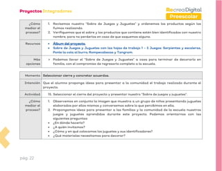 pág. 22
Preescolar
¿Cómo
mediar el
proceso?
1. Revisemos nuestro “Sobre de Juegos y Juguetes” y ordenemos los productos según los
fuimos realizando.
2. Verifiquemos que el sobre y los productos que contiene estén bien identificados con nuestro
nombre, para no perderlos en caso de que saquemos alguno.
Recursos • Álbum del proyecto.
• Sobre de Juegos y Juguetes con las hojas de trabajo 1 - 5 Juegos: Serpientes y escaleras,
Ponle la cola al burro, Rompecabezas y Tangram.
Más
opciones
➢ Podemos llevar el “Sobre de Juegos y Juguetes” a casa para terminar de decorarlo en
familia, con el compromiso de regresarlo completo a la escuela.
Momento Seleccionar cierre y concretar acuerdos.
Intención Que el alumno proponga ideas para presentar a la comunidad el trabajo realizado durante el
proyecto.
Actividad 15. Seleccionar el cierre del proyecto y presentar nuestro “Sobre de juegos y juguetes”.
¿Cómo
mediar el
proceso?
1. Observemos en conjunto la imagen que muestra a un grupo de niños presentando juguetes
elaborados por ellos mismos y conversemos sobre lo que percibimos en ella.
2. Propongamos ideas para presentar a las familias y la comunidad de la escuela nuestros
juegos y juguetes aprendidos durante este proyecto. Podemos orientarnos con las
siguientes preguntas:
• ¿En dónde hacerlo?
• ¿A quién invitamos?
• ¿Cómo y en qué colocamos los juguetes y sus identificadores?
• ¿Qué materiales necesitamos para decorar?
 