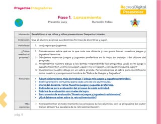 pág. 8
Preescolar
Fase 1. Lanzamiento
Presenta: Lucy Duración: 4 días
Momento Sensibilizar a las niñas y niños preescolares. Despertar interés.
Intención Que el alumno exprese sus distintas formas de divertirse y jugar.
Actividad 1. Los juegos que jugamos.
¿Cómo
mediar el
proceso?
1. Conversemos sobre qué es lo que más nos divierte y nos gusta hacer, nuestros juegos y
juguetes favoritos.
2. Dibujemos nuestros juegos y juguetes preferidos en la Hoja de trabajo 1 del Álbum del
proyecto.
3. Presentemos nuestro dibujo a los demás respondiendo las preguntas ¿cuál es mi juego o
juguete favorito?, ¿cómo se juega?, ¿quién me lo regaló?, ¿con quién me gusta jugar?
4. Guardemos nuestro dibujo en un sobre grande. Personalicemos el sobre para identificarlo
como nuestro y pongamos el nombre de “Sobre de Juegos y Juguetes”.
Recursos • Álbum del proyecto. Hoja de trabajo 1 “Dibujo mis juegos y juguetes preferidos”.
• Sobre grande (½ cartulina) para cada uno de los alumnos/as.
• Diario del docente. Tema: Nuestros juegos y juguetes preferidos.
• Indicadores para evaluación del proceso de cada actividad.
• Rúbrica de evaluación con niveles de logro.
• Instrumento de evaluación “Nuestros juegos y juguetes tradicionales”.
• ¿Qué debemos saber sobre la retroalimentación?
Más
opciones
➢ Retroalimentar en todo momento los procesos de los alumnos, con la propuesta del autor
Daniel Wilson “La escalera de la retroalimentación”.
 