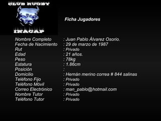 Ficha Jugadores Nombre Completo : Juan Pablo Álvarez Osorio. Fecha de Nacimiento : 29 de marzo de 1987 Rut :  Privado Edad : 21 años. Peso : 78kg Estatura   : 1.86cm Posición  :  Domicilio : Hernán merino correa # 844 salinas Teléfono Fijo :  Privado Teléfono Móvil :  Privado Correo Electrónico : man_pablo@hotmail.com Nombre Tutor :  Privado Teléfono Tutor  :  Privado 