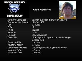 Ficha Jugadores Nombre Completo :Bairon Esteban Sandoval Aguayo Fecha de Nacimiento :22/04/1987 Rut :  Privado Edad :21 Peso :125kg Estatura   :1.85 Posición  :segunda línea Domicilio :Rancagua 222 pedro de valdivia bajo  concepción Teléfono Fijo :  Privado Teléfono Móvil :  Privado Correo Electrónico :bayron.pinshulo_xl@hotmail.com Nombre Tutor :  Privado Teléfono Tutor  : Privado 