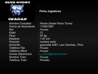 Ficha Jugadores Nombre Completo : Álvaro Daniel Parra Torres Fecha de Nacimiento : 17/09/1987 Rut :  Privado Edad : 21 Peso : 97 kg Estatura   : 1.87 cm Posición  : numero ocho Domicilio : guacolda 4381, Las Canchas, Thno Teléfono Fijo :  Privado Teléfono Móvil :  Privado Correo Electrónico : [email_address] Nombre Tutor :  Privado Teléfono Tutor  : Privado 