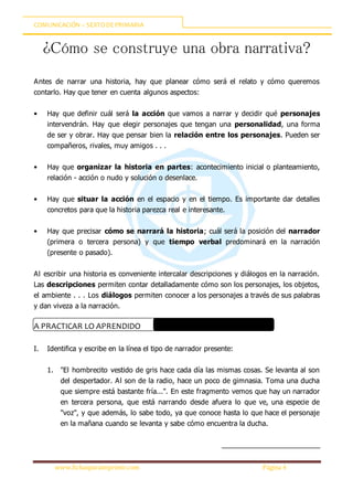 COMUNICACIÓN – SEXTODEPRIMARIA
www.fichasparaimprimir.com Página 4
¿Cómo se construye una obra narrativa?
Antes de narrar una historia, hay que planear cómo será el relato y cómo queremos
contarlo. Hay que tener en cuenta algunos aspectos:
• Hay que definir cuál será la acción que vamos a narrar y decidir qué personajes
intervendrán. Hay que elegir personajes que tengan una personalidad, una forma
de ser y obrar. Hay que pensar bien la relación entre los personajes. Pueden ser
compañeros, rivales, muy amigos . . .
• Hay que organizar la historia en partes: acontecimiento inicial o planteamiento,
relación - acción o nudo y solución o desenlace.
• Hay que situar la acción en el espacio y en el tiempo. Es importante dar detalles
concretos para que la historia parezca real e interesante.
• Hay que precisar cómo se narrará la historia; cuál será la posición del narrador
(primera o tercera persona) y que tiempo verbal predominará en la narración
(presente o pasado).
Al escribir una historia es conveniente intercalar descripciones y diálogos en la narración.
Las descripciones permiten contar detalladamente cómo son los personajes, los objetos,
el ambiente . . . Los diálogos permiten conocer a los personajes a través de sus palabras
y dan viveza a la narración.
A PRACTICAR LO APRENDIDO
I. Identifica y escribe en la línea el tipo de narrador presente:
1. "El hombrecito vestido de gris hace cada día las mismas cosas. Se levanta al son
del despertador. Al son de la radio, hace un poco de gimnasia. Toma una ducha
que siempre está bastante fría...". En este fragmento vemos que hay un narrador
en tercera persona, que está narrando desde afuera lo que ve, una especie de
"voz", y que además, lo sabe todo, ya que conoce hasta lo que hace el personaje
en la mañana cuando se levanta y sabe cómo encuentra la ducha.
_________________________
 