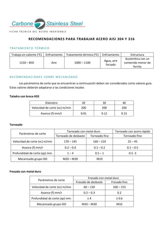 F I C H A T É C N I C A D E L A C E R O I N O X I D A B L E
RECOMENDACIONES PARA TRABAJAR ACERO AISI 304 Y 316
TRATAMIENTO TÉRMICO
Trabajo en caliente (oC) Enfriamiento Tratamiento térmico (oC) Enfriamiento Estructura
1150 – 850 Aire 1000 – 1100
Agua, aire
forzado
Austenítica con un
contenido menor de
ferrita
RECOMENDACIONES SOBRE MECANIZADO
Los parámetros de corte que se encuentran a continuación deben ser considerados como valores guía.
Estos valores deberán adaptarse a las condiciones locales
Taladro con broca HSS
Diámetro 20 30 40
Velocidad de corte (vc) m/min 200 200 200
Avance (f) mm/r 0.01 0.12 0.15
Torneado
Parámetros de corte
Torneado con metal duro Torneado con acero rápido
Torneado de desbaste Torneado fino Torneado fino
Velocidad de corte (vc) m/min 170 – 145 160 – 210 25 – 45
Avance (f) mm/r 0.2 – 0.4 0.1 – 0.2 0.1 – 0.5
Profundidad de corte (ap) mm. 1 – 4 0.5 – 1 0.5 -3
Mecanizado grupo ISO M20 – M30 M10 -
Fresado con metal duro
Parámetros de corte
Fresado con metal duro
Fresado de desbaste Fresado fino
Velocidad de corte (vc) m/min 60 – 120 100 – 155
Avance (f) mm/r 0.2 – 0.3 0.2
Profundidad de corte (ap) mm. ≤ 4 ≤ 0.6
Mecanizado grupo ISO M20 – M30 M10
 