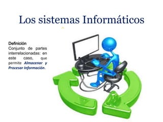 Los sistemas Informáticos
CONFORMADO
POR TRES
COMPONENTES
C. Físicos
C. Lógicos
Definición
Conjunto de partes
interrelacionadas: en
este caso, que
permite Almacenar y
Procesar Información.
 