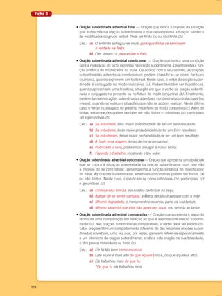 328
Ficha 3
• Oração subordinada adverbial final — Oração que indica o objetivo da situação
que é descrita na oração subordinante e que desempenha a função sintática
de modificador do grupo verbal. Pode ser finita (a) ou não finita (b).
Exs.: a) O anfitrião esforçou-se muito para que todos se sentissem
à vontade na festa.
b) Eles vieram cá para visitar o País.
• Oração subordinada adverbial condicional — Oração que indica uma condição
para a realização do facto expresso na oração subordinante. Desempenha a fun-
ção sintática de modificador da frase. De acordo com o seu sentido, as orações
subordinadas adverbiais condicionais podem classificar-se como factuais
(ou reais), quando exprimem um facto real. Neste caso, o verbo da oração subor-
dinada é conjugado no modo indicativo (a). Podem também ser hipotéticas,
quando apresentam uma hipótese, situação em que o verbo da oração subordi-
nada é conjugado no presente ou no futuro do modo conjuntivo (b). Finalmente,
existem também orações subordinadas adverbiais condicionais contrafactuais (ou
irreais), quando se indicam situações que não se podem realizar. Neste último
caso, o verbo é conjugado no pretérito imperfeito do modo conjuntivo (c). Além de
finitas, estas orações podem também ser não finitas — infinitivas (d), participiais
(e) e gerundivas (f).
Exs.: a) Se estudaste, tens maior probabilidade de ter um bom resultado.
b) Se estudares, terás maior probabilidade de ter um bom resultado.
c) Se estudasses, terias maior probabilidade de ter um bom resultado.
d) A fazer essa viagem, terias de me acompanhar.
e) Publicado o livro, poderemos divulgar a nossa teoria.
f) Fazendo o trabalho, mostrarás o teu valor.
• Oração subordinada adverbial concessiva — Oração que apresenta um obstáculo
que se coloca à situação apresentada na oração subordinante, mas que não
a impede de se concretizar. Desempenha a função sintática de modificador
da frase. As orações subordinadas adverbiais concessivas podem ser finitas (a)
ou não finitas. Neste caso, classificam-se como infinitivas (b), participiais (c)
e gerundivas (d).
Exs.: a) Embora seja tímida, ela aceitou participar na peça.
b) Apesar de se sentir cansada, a Marta decidiu ir passear com a mãe.
c) Mesmo degradado, o monumento conservou parte da sua beleza.
d) Mesmo sabendo que eles não apreciam sopa, vou servi-la ao jantar.
• Oração subordinada adverbial comparativa — Oração que apresenta o segundo
termo de uma comparação em relação ao que é expresso na oração subordi-
nante (a). Nas orações subordinadas comparativas, o verbo pode ser elidido (b).
Estas orações têm um comportamento diferente do das restantes orações subor-
dinadas adverbiais, uma vez que, por vezes, parecem referir-se especificamente
a um elemento da oração subordinante, e não a esta oração na sua totalidade,
e têm pouca mobilidade na frase (c).
Exs.: a) Ele lia tão bem como escrevia.
b) Este aluno é mais alto do que aquele (isto é, do que aquele é alto).
c) Ela trabalhou mais do que tu.
*Do que tu ela trabalhou mais.
000694 308-351 anexo.indd 328 23/03/16 16:16
 