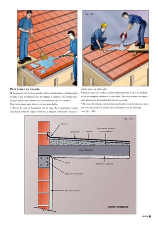 CICER 15
Fig. 9B Fig. 10B
Fig. 11B
Babeta
Membrana Carpeta
Contrapiso aislante
con pendiente
LOSA CERAMICA
Buña
Cielorraso aplicado
Viga de encadenado
Revoque interior
AZOTEA I NACCESI BLE
Para tener en cuenta
El hormigón de la losa puede sufrir movimientos horizontales
debido a las contracciones de fragüe y cambios de temperatu-
ra que ocasionan fisuras en el encuentro con los muros.
Para minimizar este efecto es recomen dable:
• Tratar de que el hormigón de la capa de compresión tenga
una baja relación agua/ cemento y fragüe adecuado (mojar y
cubrir una vez colocado).
• Para el caso de techos, aislar térmicamente a la losa median-
te un contrapiso aislante o ventilado. De esta manera se mejo-
rará además la habitabilidad de la vivienda.
• En caso de emplear cielorrasos aplicados recomendamos mar-
car con una buña la unión del cielorraso con el revoque
(ve r fig. 11B).
 