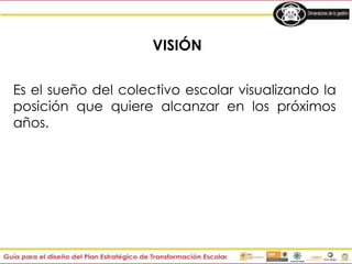 VISIÓN
Es el sueño del colectivo escolar visualizando la
posición que quiere alcanzar en los próximos
años.
 