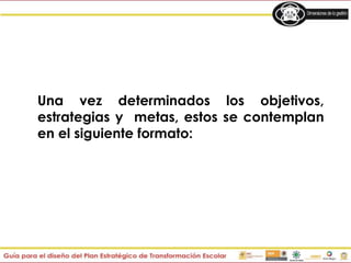 Una vez determinados los objetivos,
estrategias y metas, estos se contemplan
en el siguiente formato:
 