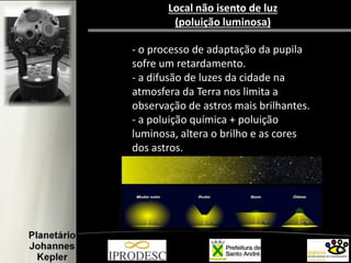 Local não isento de luz
(poluição luminosa)
- o processo de adaptação da pupila
sofre um retardamento.
- a difusão de luzes da cidade na
atmosfera da Terra nos limita a
observação de astros mais brilhantes.
- a poluição química + poluição
luminosa, altera o brilho e as cores
dos astros.
 