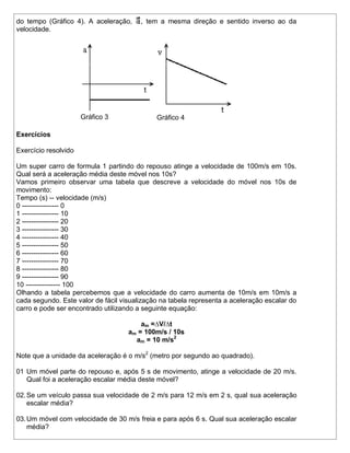 do tempo (Gráfico 4). A aceleração,     , tem a mesma direção e sentido inverso ao da
velocidade.




                      Gráfico 3              Gráfico 4

Exercícios

Exercício resolvido

Um super carro de formula 1 partindo do repouso atinge a velocidade de 100m/s em 10s.
Qual será a aceleração média deste móvel nos 10s?
Vamos primeiro observar uma tabela que descreve a velocidade do móvel nos 10s de
movimento:
Tempo (s) -- velocidade (m/s)
0 ---------------- 0
1 ---------------- 10
2 ---------------- 20
3 ---------------- 30
4 ---------------- 40
5 ---------------- 50
6 ---------------- 60
7 ---------------- 70
8 ---------------- 80
9 ---------------- 90
10 --------------- 100
Olhando a tabela percebemos que a velocidade do carro aumenta de 10m/s em 10m/s a
cada segundo. Este valor de fácil visualização na tabela representa a aceleração escalar do
carro e pode ser encontrado utilizando a seguinte equação:

                                        am =∆V/∆t
                                    am = 100m/s / 10s
                                      am = 10 m/s2

Note que a unidade da aceleração é o m/s2 (metro por segundo ao quadrado).

01 Um móvel parte do repouso e, após 5 s de movimento, atinge a velocidade de 20 m/s.
   Qual foi a aceleração escalar média deste móvel?

02. Se um veículo passa sua velocidade de 2 m/s para 12 m/s em 2 s, qual sua aceleração
    escalar média?

03. Um móvel com velocidade de 30 m/s freia e para após 6 s. Qual sua aceleração escalar
    média?
 