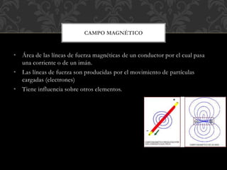 • Área de las líneas de fuerza magnéticas de un conductor por el cual pasa
una corriente o de un imán.
• Las líneas de fuerza son producidas por el movimiento de partículas
cargadas (electrones)
• Tiene influencia sobre otros elementos.
CAMPO MAGNÉTICO
 