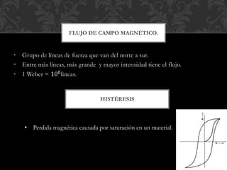 • Grupo de líneas de fuerza que van del norte a sur.
• Entre más líneas, más grande y mayor intensidad tiene el flujo.
• 1 Weber = 108lineas.
FLUJO DE CAMPO MAGNÉTICO.
HISTÉRESIS
• Perdida magnética causada por saturación en un material.
 