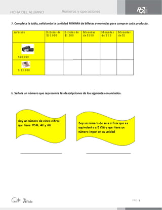 Números y operaciones
 
 
5. Completa la tabla, señalando la cantidad MÍNIMA de billetes y monedas para comprar cada producto.




6. Señala un número que represente las descripciones de los siguientes enunciados. 




       __________________________                       ____________________________




                                                                                            6
 