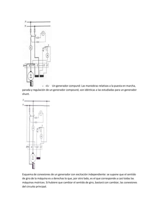 Un generador compund: Las maniobras relativas a la puesta en marcha, 
parada y regulación de un generador compound, son idénticas a las estudiadas para un generador 
shunt. 
Esquema de conexiones de un generador con excitación independiente: se supone que el sentido 
de giro de la máquina es a derechas lo que, por otro lado, es el que corresponde a casi todas las 
máquinas motrices. Si hubiere que cambiar el sentido de giro, bastará con cambiar, las conexiones 
del circuito principal. 
