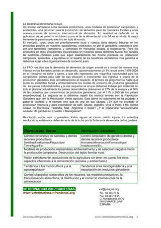 La soberanía alimentaria incluye:
Un acceso campesino a los recursos productivos, unos modelos de producción campesinos y
sostenibles, una prioridad para la producción de alimentos para los mercados locales y unas
nuevas normas de comercio internacional de alimentos. En realidad se defiende un la
aplicación de un derecho tan básico como el de la alimentación y la SA es sin duda, la mejor
herramienta para hacerlo efectivo en todo el mundo.
El mercado, pues, debe ser prioritariamente local y nuestra dieta debería basarse en los
productos propios de nuestros ecosistemas, producidos no por la ganadería corporativa sino
por una ganadería campesina, y comprada en mercados locales, o cooperativas. Para los
productos de otros ecosistemas incorporados en nuestras dietas debemos buscar los canales
de auténtico comercio justo que sigan exactamente las misma premisas de producción
campesina, sostenible, y equitativa en el reparto de los beneficios monetarios. Esa garantía la
debemos exigir a las organizaciones de comercio justo.

La FAO nos dice que la demanda de alimentos de origen animal va a crecer de manera muy
intensa en los llamados países en desarrollo, aproximadamente un 3% anual entre 1999-2020
en el consumo de leche y carne, y que ello representa una magnífica oportunidad para los
campesinos pobres para salir de esa situación e incrementar sus ingresos a través de la
producción ganadera. Dos consideraciones al respecto, la primera es preguntarnos hasta qué
punto es sostenible social y ambientalmente los niveles de consumo de productos ganaderos
de los países industrializados y si ese esquema es el que debemos trabajar por implantar en
todo el planeta (actualmente los países desarrollados obtenemos el 27% de la energía y el 56%
de las proteínas que consumimos de productos ganaderos, por el 11% y 26% de los países
empobrecidos). La segunda es si debemos repetir los mismos errores con la Revolución
Ganadera que con la Revolución Verde agrícola. Esta última no solamente no ha ayudado a
paliar la pobreza y el hambre sino que es una de sus causas. ¿En qué ha ayudado la
producción intensiva y para exportación de café, azúcar, algodón, soya o frutas a los pobres
rurales de Honduras, Tailandia, Mali, Argentina o Brasil? ¿Y la producción “revolucionaria
azulada” de gambas en Ecuador o Madagascar?

Revolución verde, azul o ganadera, todas siguen el mismo patrón injusto. La autentica
revolución que debemos defender es la de la lucha por la Soberanía alimentaria de los pueblos.



Revolución Verde                                Revolución Ganadera
Control corporativo de semillas y demás         Control corporativo de genética animal y
recursos productivos                            demás recursos productivos
Semillas/Fertilizantes/Plaguicidas/             Animales/Alimentación/Farmacología/
Tierra/Agua/Etc.                                Instalaciones/Etc.
Modelos de producción insostenibles ambientalmente y de selección negativa hacia
la producción campesina. Destrucción del tejido familiar rural.
Visión estrictamente productivista de la agricultura sin tener en cuenta los otros
aspectos inherentes a la alimentación (sociales y ambientales).
Tendencia a los monocultivos y a la             Tendencia a los monoganadería y a la
agroexportación                                 exportación de productos ganaderos
Control oligopolico corporativo de los recursos, los modelos productivos, la
transformación alimentaria, la distribución y el comercio internacional de la
alimentación

VETERINARIOS SIN FRONTERAS                                    vsf@pangea.org
www.veterinariossinfronteras.org                               Tel. 93 423 70 32
                                                               Fax 93 423 18 95
                                                               C/ Floridablanca 66-72
                                                               08015 BARCELONA
                                                               ESPAÑA



La revolución ganadera                                     www.veterinariossinfronteras.org   4
 