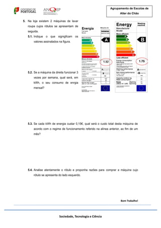 Sociedade, Tecnologia e Ciência
Agrupamento de Escolas de
Alter do Chão
5. Na loja existem 2 máquinas de lavar
roupa cujos rótulos se apresentam de
seguida.
5.1. Indique o que signigficam os
valores assinalados na figura.
5.2. Se a máquina da direita funcionar 3
vezes por semana, qual será, em
kWh, o seu consumo de enrgia
mensal?
5.3. Se cada kWh de energia custar 0,15€, qual será o custo total desta máquina de
acordo com o regime de funcionamento referido na alínea anterior, ao fim de um
mês?
5.4. Analise atentamente o rótulo e proponha razões para comprar a máquina cujo
rótulo se apresenta do lado esquerdo.
Bom Trabalho!
 