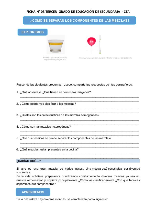 FICHA N° 03 TERCER GRADO DE EDUCACIÓN DE SECUNDARIA - CTA
Responde las siguientes preguntas. Luego, comparte tus respuesta...